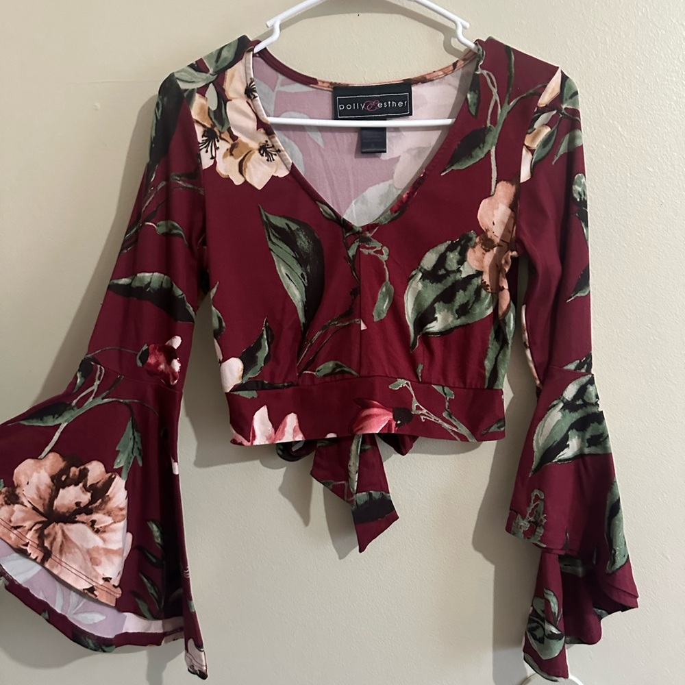 Polly & Esther Burgundy Floral Bell Sleeve Blouse